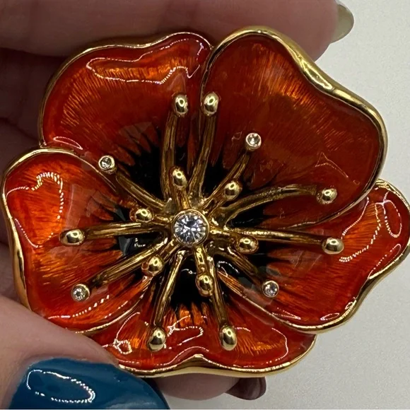 Vintage Monet Poppy Brooch β’ Red-Orange Enamel + Rhinestones β’ 2β β’ Signed - Picture 8 of 16
